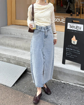 Front slit slim fit denim long skirt