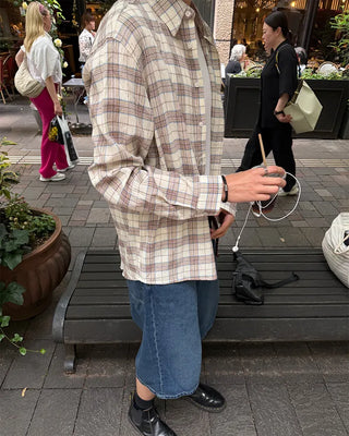 Oversized seersucker check long-sleeved shirt