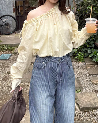 Shirred off-shoulder blouse with frill detail