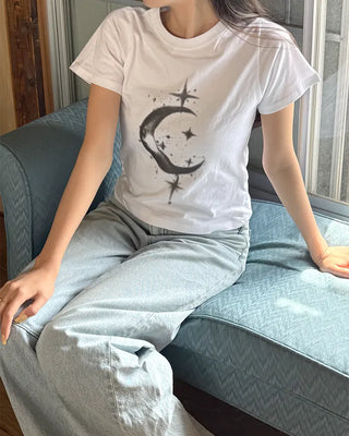 Moon print short-sleeved T-shirt