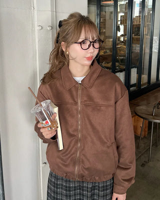 Elastic waistband colored suede jacket