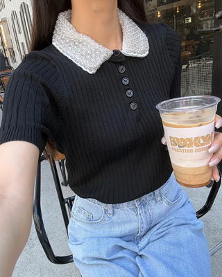 Pearl-embellished color-accented short-sleeved knit