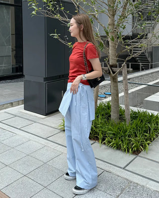 Striped layered wrap skirt set with banding pants