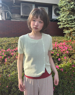 Asymmetrical Button Short Sleeve Knit