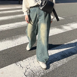 Washed wide denim pants