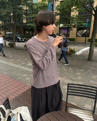 Striped boat neck summer long-sleeve T-shirt
