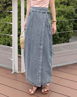 Wrap long denim skirt