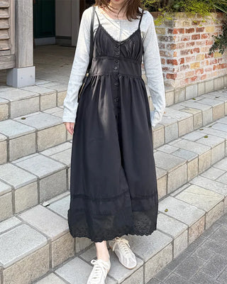 V-neck button slip long dress