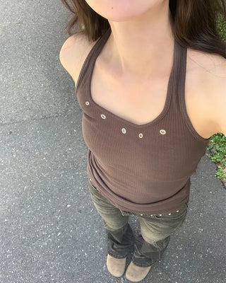 Eyelet halter neck sleeveless top