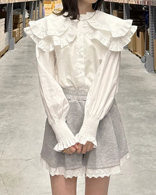 Double-frilled big collar blouse