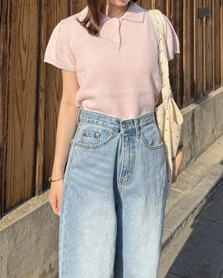 Color Button Point Short-Sleeve Knit