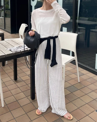 Striped string point wide-leg pants with elastic waistband