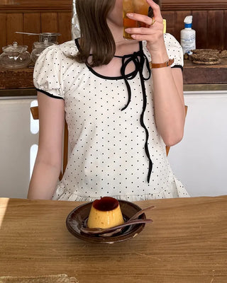 Dot neck string short-sleeved T-shirt