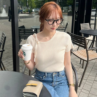 Asymmetrical Ribbon Short-Sleeve Knit