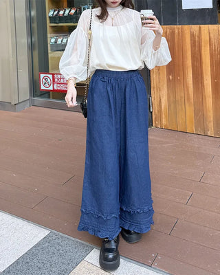 Frilled denim cotton wide-leg pants with elastic waistband