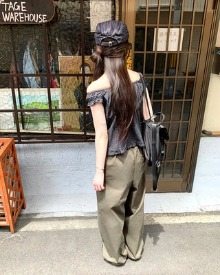 Lace shoulder shirred sleeveless blouse