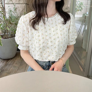 Flower pattern short-sleeved blouse