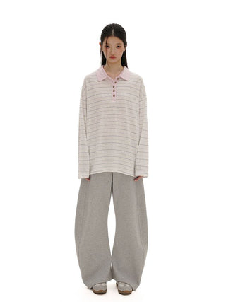 [Moromoro2] Striped Polo Long Sleeve Tee with Star  Buttons