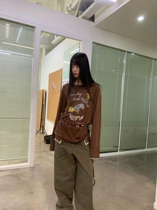 [NEVERSEEZ] Linen Blend Layered Neckline Long Sleeve Tee