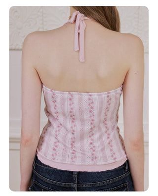 [NECY] Pink Blossom Strap Halterneck Top