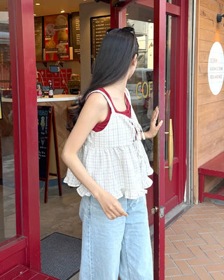 Checked ribbon sleeveless blouse