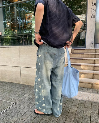 Star print balloon denim pants