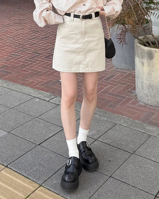 Belted Cotton Simple Mini Skirt