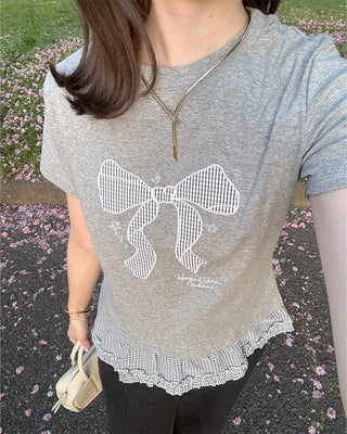 Checked ribbon frill short-sleeved T-shirt