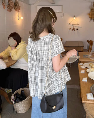 Front Ribbon Check Puff Sleeve Top