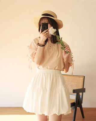 (ORIGINAL) Henley Neck Ribbon Balloon Blouse