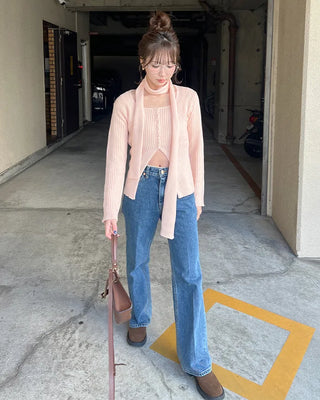 Ribbed cardigan and scarf set