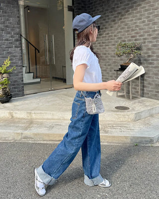 Rolled-up denim wide-leg pants