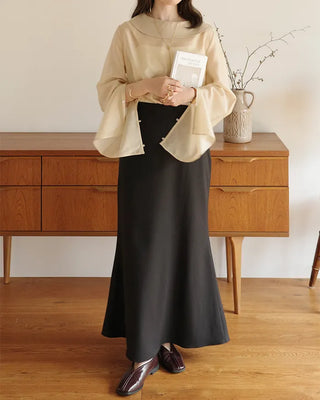 (ORIGINAL) Round Collar Button Sheer Blouse