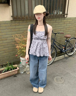 Washed denim wide-leg pants