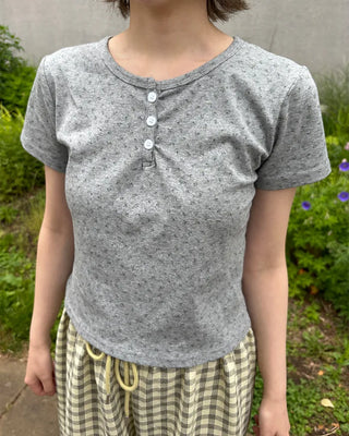Henley Neck Flower Short Sleeve T-Shirt