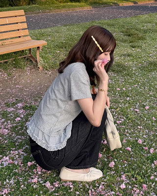 Checked ribbon frill short-sleeved T-shirt