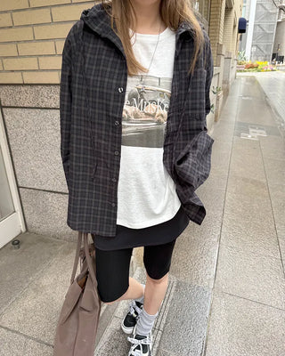Checked hooded shirt