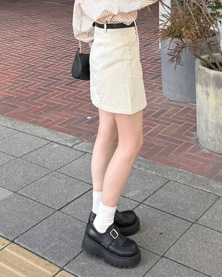 Belted Cotton Simple Mini Skirt