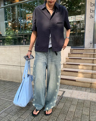 Star print balloon denim pants