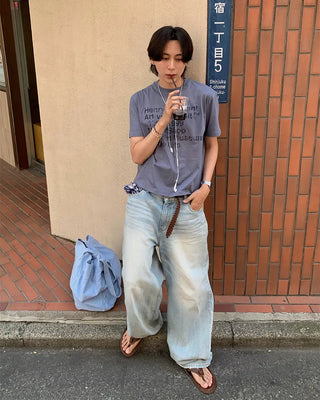 Washed denim pants with double back pockets