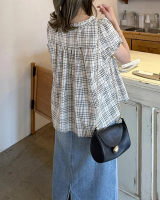 Front Ribbon Check Puff Sleeve Top