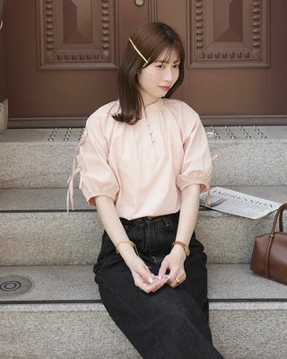 (ORIGINAL) Henley Neck Ribbon Balloon Blouse