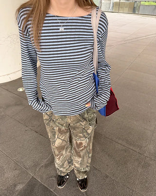 Boat neck striped long-sleeved T-shirt