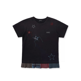 [Moromoro2] Star Patchwork Pleated Check  T-Shirt