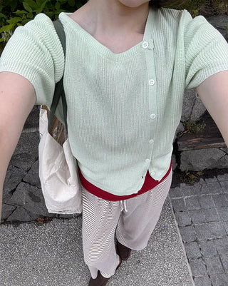 Asymmetrical Button Short Sleeve Knit