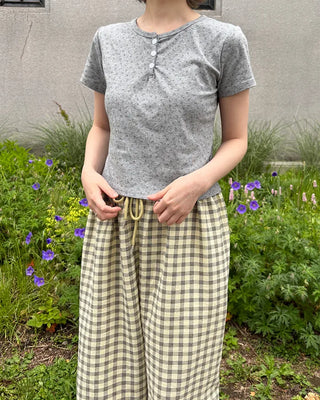 Henley Neck Flower Short Sleeve T-Shirt