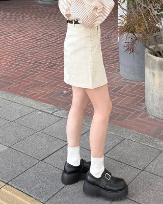 Belted Cotton Simple Mini Skirt