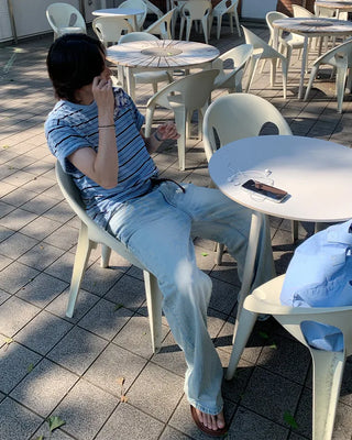 Washed denim pants with double back pockets