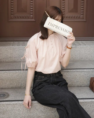 (ORIGINAL) Henley Neck Ribbon Balloon Blouse