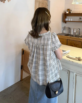 Front Ribbon Check Puff Sleeve Top